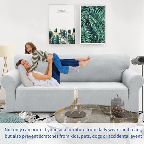 1 Piece Jacquard Couch Covers for 3 Cushion Couch Living Room High Stretch Sofa Cover Pets Dogs Friendly Anti Slip Thickened Slipcovers Furniture Protector (Large (71"-90") / New Pattern Silver Grey)