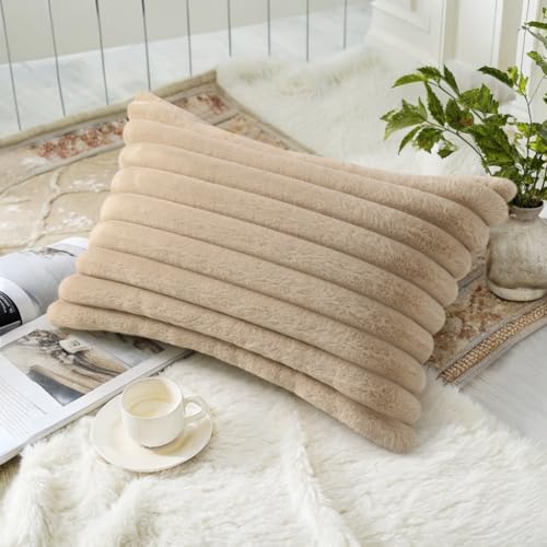 Fall Faux Fur Throw Pillow Covers 12x20 Set of 2 Khaki Brown (Light Khaki Brown / 20" x 12" (Pack of 2))