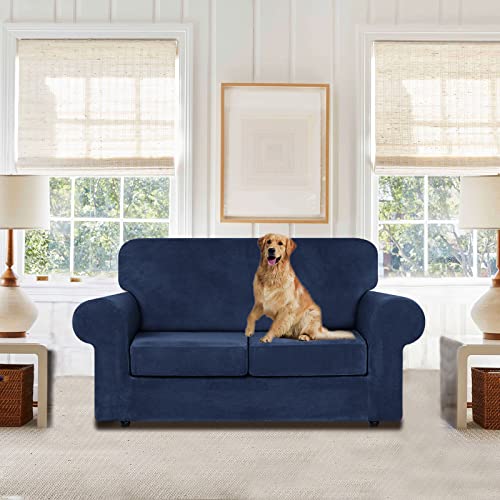 Velvet Stretch 3 Pieces Couch Cover for Sofa Washable (Medium / Navy Blue)