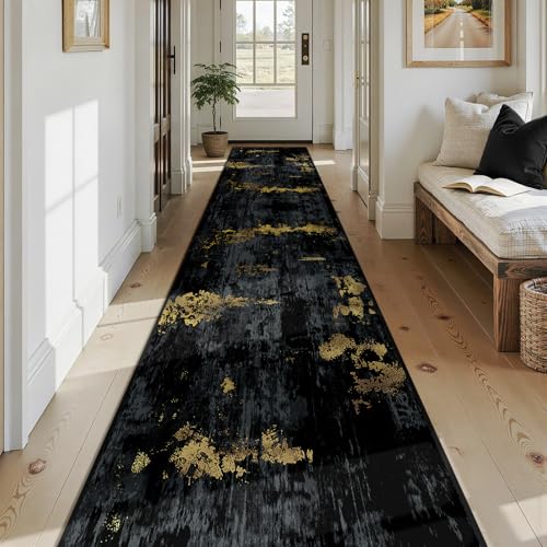 Washable Runner 2'6"x14' Abstract Area Rug for Hallway Black Gold (Black/Gold / 2'6" x 14' (Runner))
