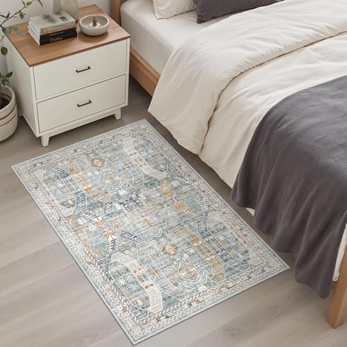 Washable Area Rug 2x3 Small Entryway Rugs Non (Blue/Gold / 2' x 3' (Rectangular))