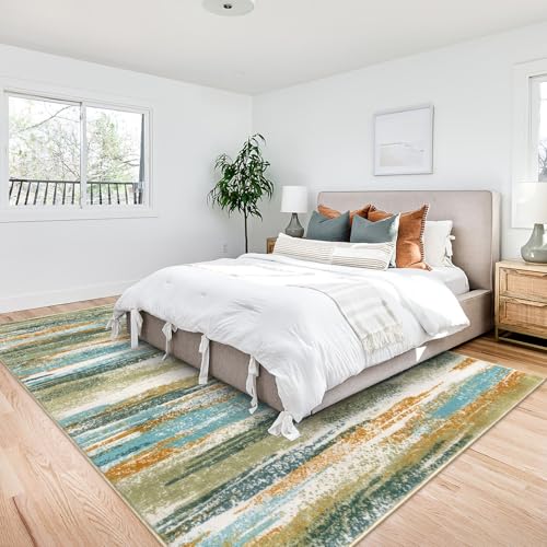 Modern Abstract 9x12 Large Machine Washable Living Room Rug Non (9' x 12' (Rectangular) / Green Teal Mustard Multi)