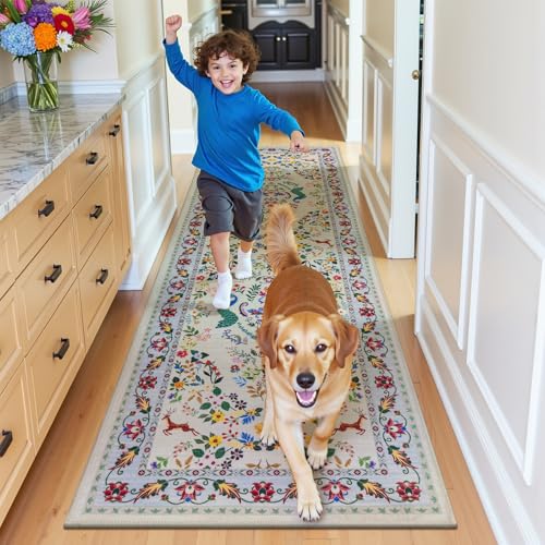 HEBE Hallway Runner Rug 2'x6' (Floral Beige / 2' x 6' (Rectangular))