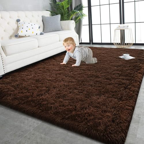 Super Soft Shaggy Rugs Fluffy Carpets (8' x 10' (Rectangular) / Brown)