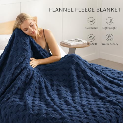 3D Checkered Fleece Queen Blanket for Bed (Navy Blue / Queen (90"x90"))