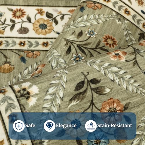 8x10 Washable Large Living Room Rug Water Resistant Distressed Vintage Floral (Green/Spring / 8' x 10' (Rectangular))