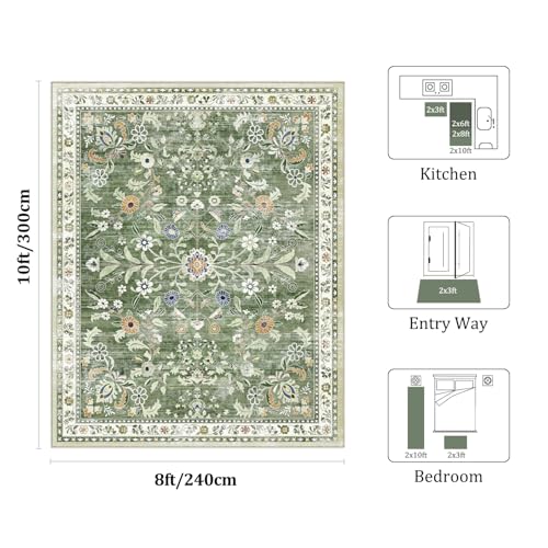 8x10 Washable Area Rug for Living Room Floral Carpet Sage Green (Green / 8' x 10')