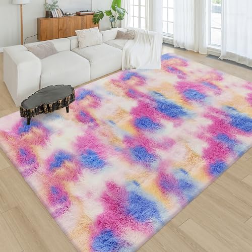 Fluffy Rainbow Colorful Rug for Living Room 6x9 Kawaii Rainbow Tie Dye Area Rug Fuzzy Indoor Floor Unicorn Rug for Bedroom Girls Kids Nursery Baby Princess Room Dorm Home Decor Aesthetic Carpets (Tie-dyed Colorful / 6' x 9' (Rectangular))