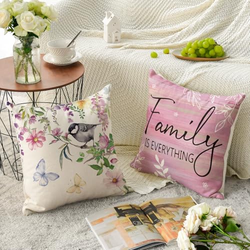 Spring Saying Flowers Butterfly Pink Throw Pillow Covers (Pink / 18" x 18" (Pack of 4))