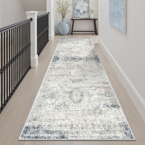 Washable Runner Rug 2'6"x8' Kitchen Hallway Runners Blue (Blue/Ivory / 2'6" x 8' (Runner))
