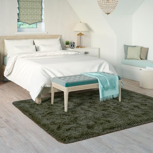 Fluffy Rug for Bedroom Living Room (7' x 10' / Olive Green)