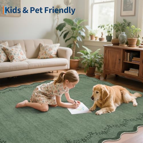 3x5 Scalloped Washable Area Rug Non Slip Bedroom Entryway Rug (Green / 3' x 5' (Rectangular))