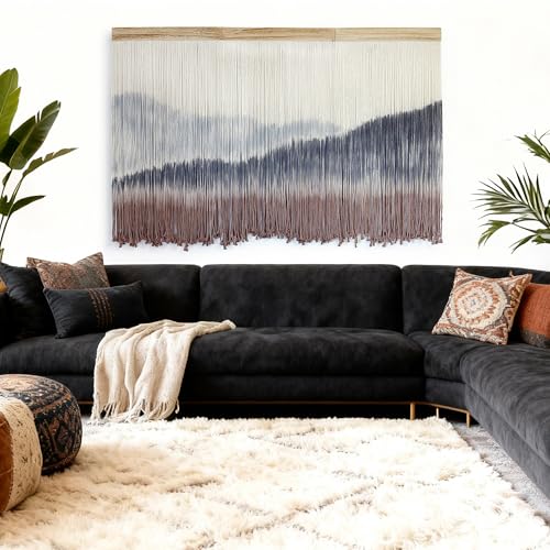 Large Dip Dye Macrame Wall Hanging Tapestry 59"x38" Boho Decor (Blue Gray and Coffee)