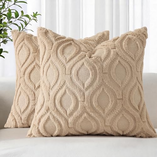Faux Fur Soft Light Khaki Throw Pillow Covers 22x22 Set of 2 (22" x 22" (Pack of 2) / Light Khaki)