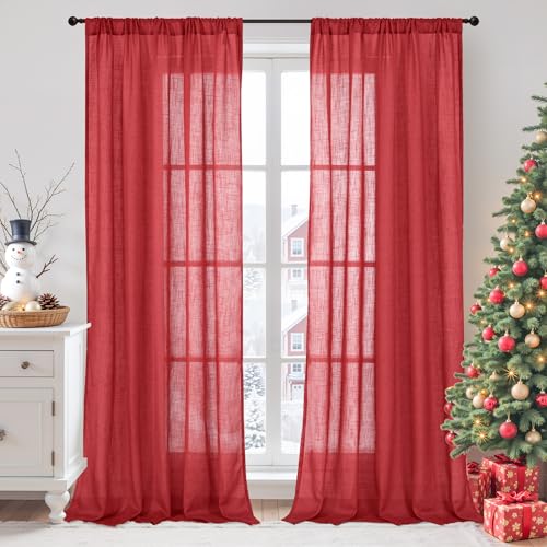 Red Linen Curtains for Living Room 84 Inch Length (Red / 52"W x 84"L (Pack of 2))