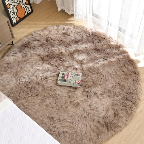 Beige Fuzzy Living Room Washable Area Rug 5ft Round Shag Faux Sheepskin Nursery Rug for Bedroom Teen Room Home Decor Soft Fluffy Circle Carpet (5' (Round) / Beige)