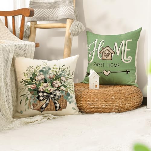 Bless Our Home Farmhouse Eucalyptus Leaves Throw Pillow Covers (Green / 16" x 16" (Pack of 4))