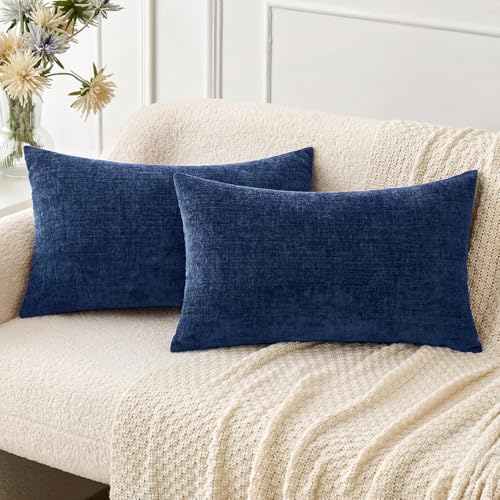 Soft Chenille Lumbar Throw Pillow Covers Navy Blue 12x20 Pack of 2 (20" x 12" (Pack of 2) / Navy Blue)