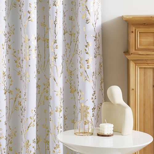 Gold Foil Printed Floral Curtains 100% Blackout (Branch-100% Blackout Greyish White / 52"W x 96"L (Pack of 2))