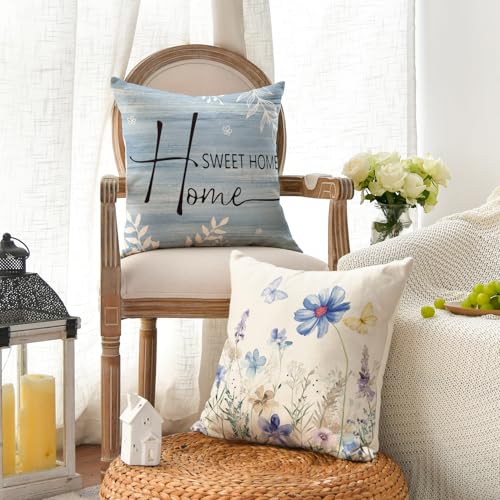 Spring Saying Flowers Butterfly Bird Throw Pillow Covers (Blue / 16" x 16" (Pack of 4))