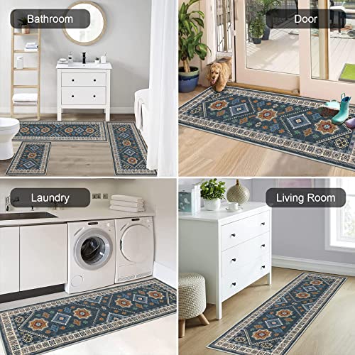 HEBE Boho Kitchen Rugs Set of 3 (Blue / 20"x32"+20"x48"+20"x59")