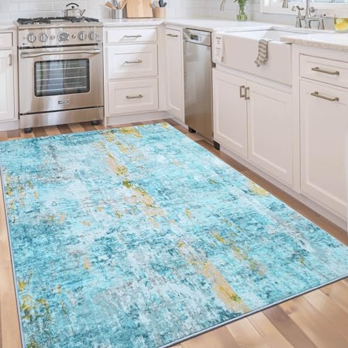 Area Rug 4x6 Teal Blue Rug Washable Boho Rugs Non Slip Low Pile Abstract Small Carpet for Entryway (Teal Blue / 4' x 6' (Rectangular))