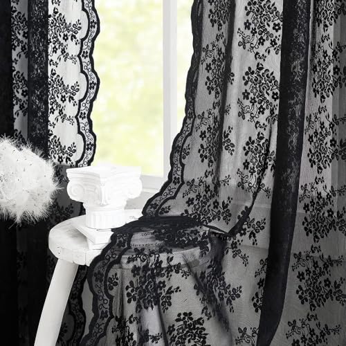 Vintage Lace Curtains 45 Inch Length (Black / 52"W x 45"L (Pack of 2))