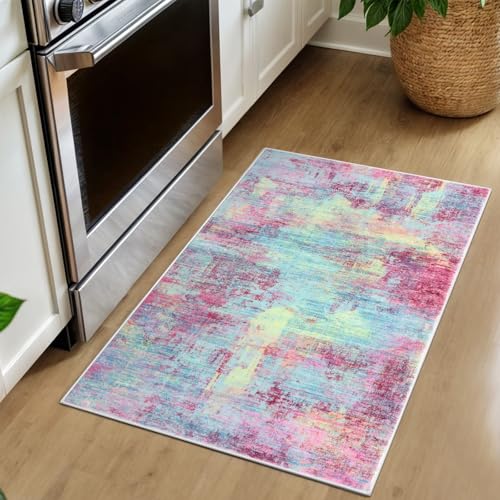 Small Abstract Area Rug 2x3 Ft Entryway Rugs Washable Door Mat Indoor Entrance (Multi Pink / 2' x 3' (Rectangular))
