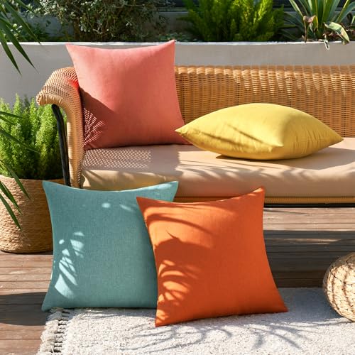 Pack of 4 Decorative Outdoor Throw Pillow Covers Linen Waterproof Pillow Covers Summer Farmhouse Cushion Cases for Patio Garden Tent Balcony Couch Sofa 16x16 Inch Orange Teal (16" x 16" (Pack of 4) / Orange Teal)