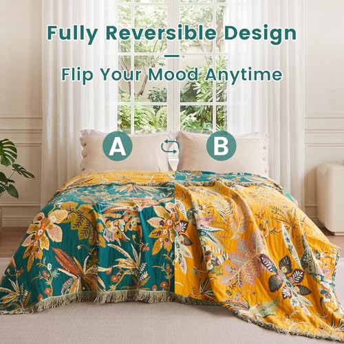Boho Throw Blanket 60"x80" 100% Cotton Floral Muslin Blanket for Sofa (Leaves Flowers / 60"x80")