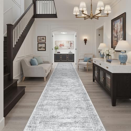 Hallway Runner Rug 2'6" x 14' Washable Long Kitchen Rugs Grey (Grey / 2'6" x 14' (Runner))