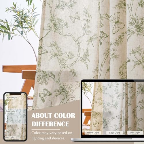 Green Floral Linen Curtains Lined 63 Inch Vintage Back Tab 2 Panels (Charlotte Sage Green / 50"W x 63"L (Pack of 2))