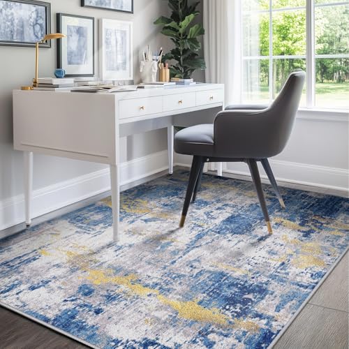 Washable 5'x7' Abstract Area Rug for Living Room Blue Gold (Blue/Gold / 5' x 7' (Rectangular))