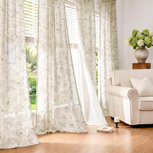 Floral Linen Curtains for Living Room 63 Inch Length Green Flower Curtain Rod Pocket Back Tab Farmhouse Curtains with Printed Floral Bedroom Window Curtain Set (Penny Green on Ecru / 50"W x 63"L (Pack of 2))