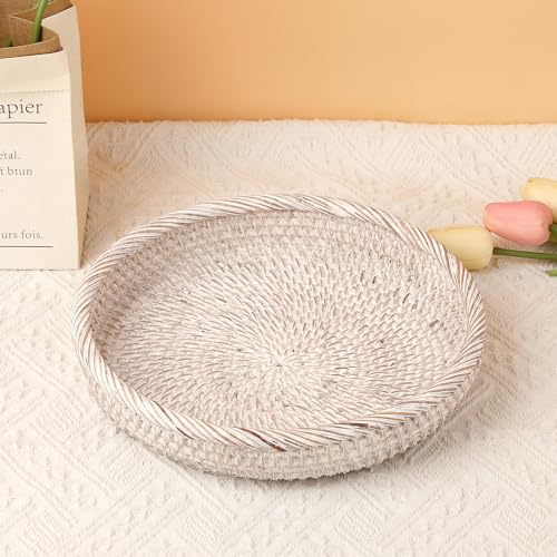 Key Basket Bowl for Entryway 10" Round Woven Wicker Serving Tray (Medium, 9.9" / Whitewash)