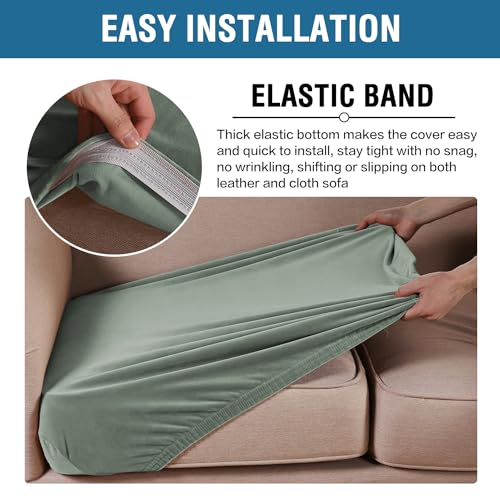 Velvet Stretch Couch Cushion Cover Plush Cushion Slipcover for Chair Cushion Furniture Protector Seat Cushion Sofa Cover (Sea Grass / 1 Cushion Armchair)