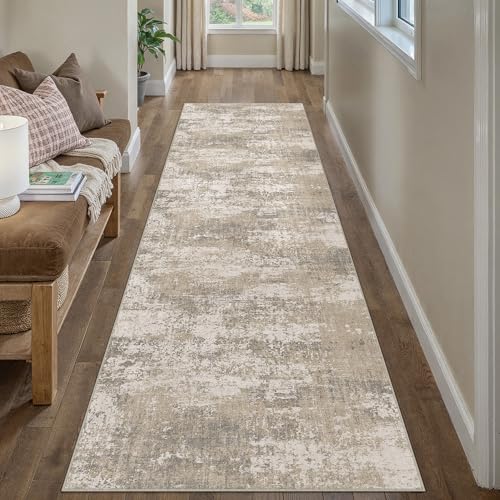 Beige Brown Runner Rug 2x8 Modern Abstract (Abstract Beige Brown / 2' x 8' (Runner))