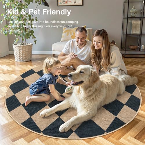 Checkered Easy Jute 6ft Round Outdoor Patio Area Rug (6' Round / Black/Checkerboard -2)