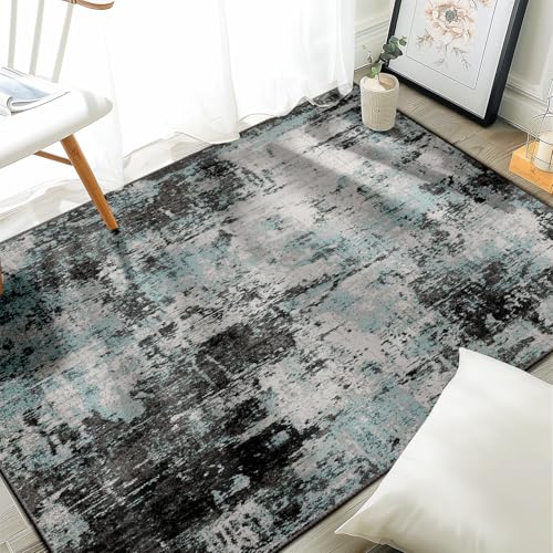 Washable 4'x6' Abstract Area Rug for Living Room Teal Black (Black/Teal Blue / 4' x 6' (Rectangular))
