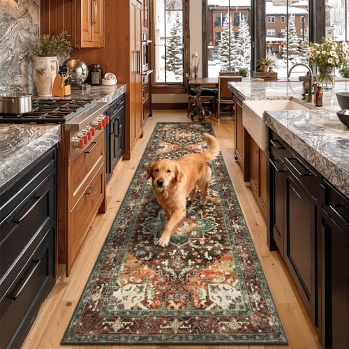 Washable Runner Rug (3' x 12' / Rust/Dull Teal)