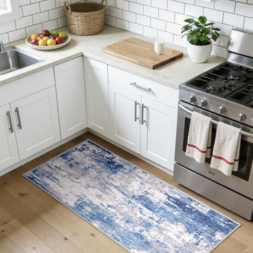 Washable 2'x5' Abstract Area Rug for Living Room Blue Gray (Blue/Gray / 2' x 5' (Rectangular))