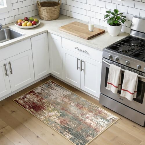 Washable 2'x4' Abstract Area Rug for Living Room Rustic Brown (Rust Red/Green/Blue/Multi / 2' x 4' (Rectangular))