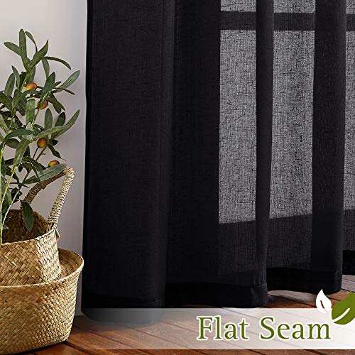 Natural Flax Sheer Linen Curtains Grommet Top (52"W x 45"L (Pack of 2) / Black)
