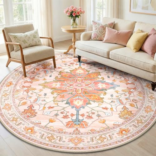 Washable Area Rug (Pink/Light Pink/Colorful / 6' (Round))