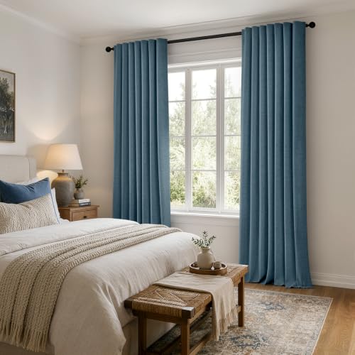 100% Blackout Linen Curtains 42 x 84 Inch Stone Blue 2 Panels (Stone Blue / 42"W x 84"L (Pack of 2))
