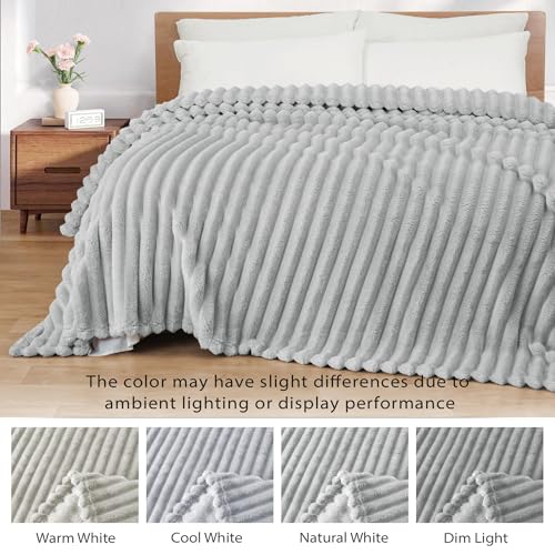 Striped California King Size Fleece Blanket for Bed (Light Grey / Cal King ( 120x120 IN ))