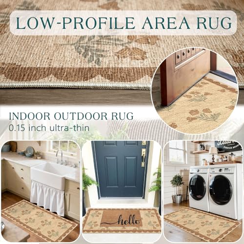 Front Door Mat Indoor Entrance (Flower - Wheat/Tan/Sage / 2' x 4'3" (Rectangular))