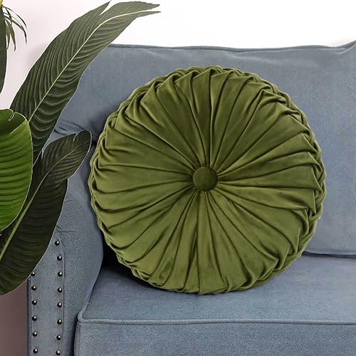 Set of 2 Olive Velvet Decorative Round Pleated Throw Pillows (Olive)