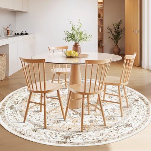 Amada Round 5x5 Washable Area Rug for Living Room (5' (Round) / Distressed Beige/Cream)