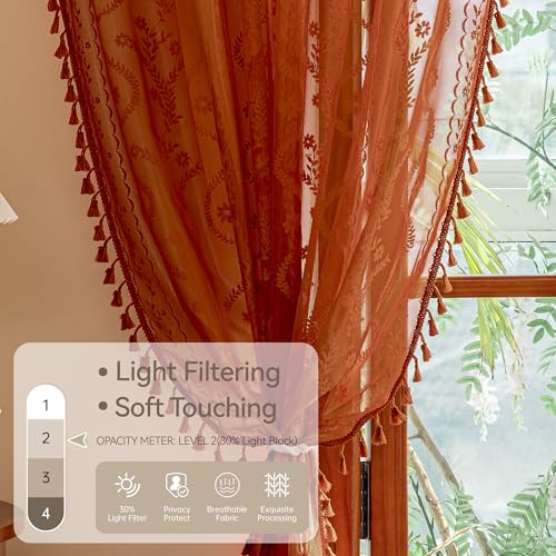 Boho Lace Curtains 63 Inch 2 Panels (Terracotta / 52"W x 63"L (Pack of 2))